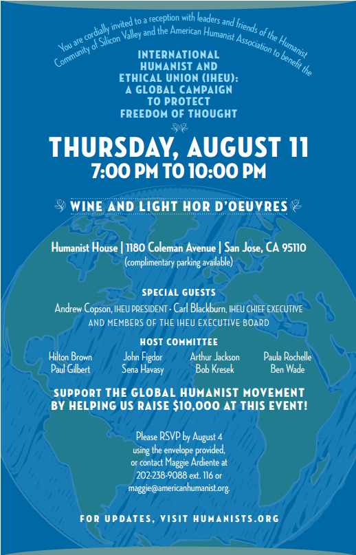 Flier for the IHEU fundraiser at Humanist House, August 11, 2016.